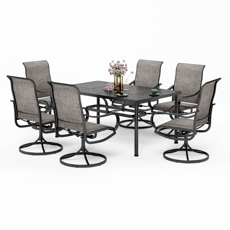 PHI VILLA 7-Piece Outdoor Dining Set Steel Rectangle Table & Textilene Swivel Chairs