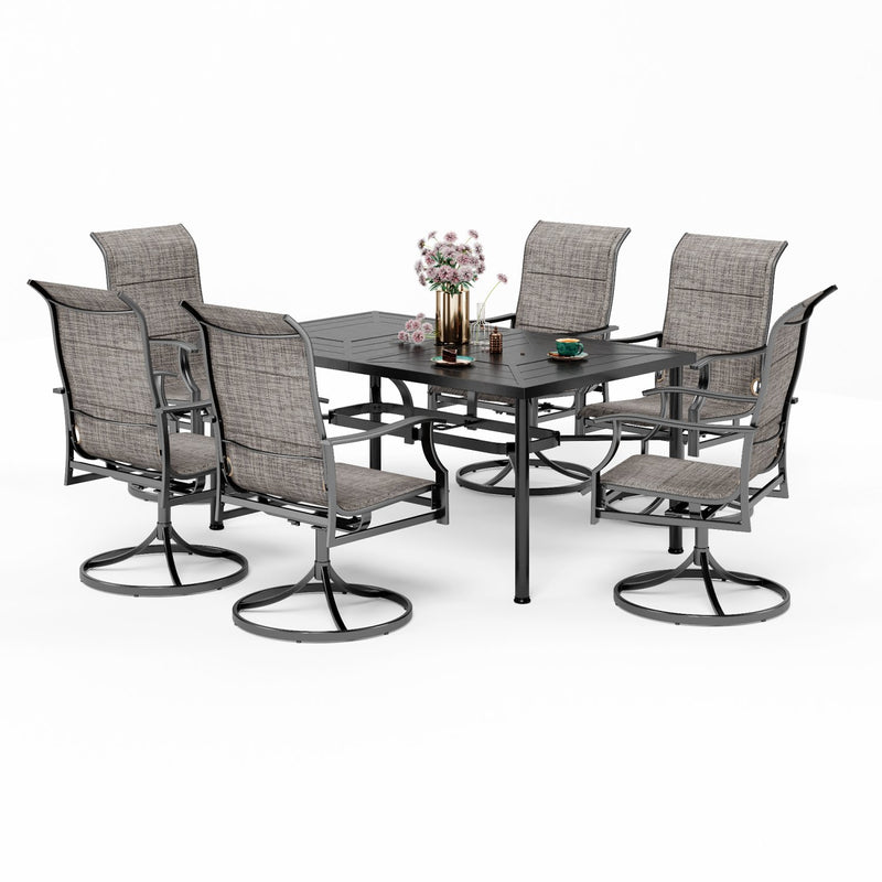 PHI VILLA 7-Piece Outdoor Dining Set 6 Textilene Padded Swivel Chairs and Steel Rectangle Table