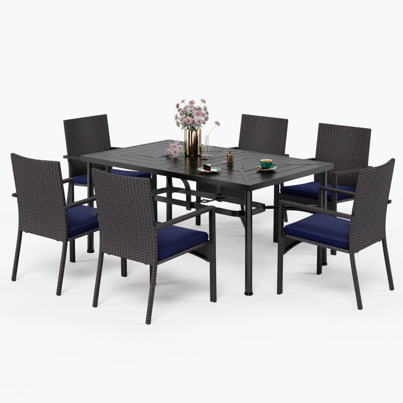 PHI VILLA 7-Piece Patio Dining Set 6 Ratta Haiti Chairs and Steel Rectangle Table