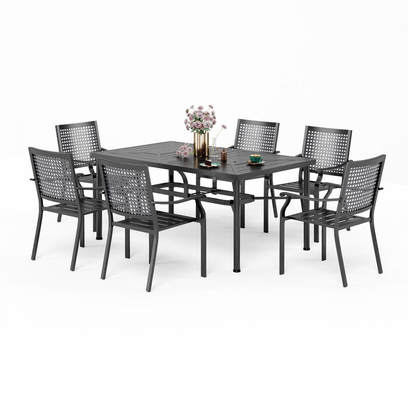Phi Villa 7-Piece Patio Dining Set 6 Fixed Stackable Chairs & Steel Rectangle Table