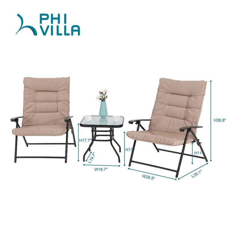 3-Piece Adjustable Patio Bistro Set With 2 Padded  Chairs and 1 Square Table PHI VILLA