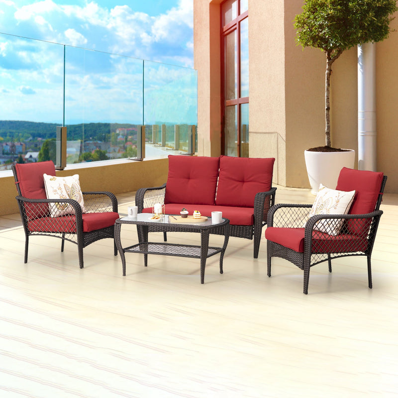 PHI VILLA 4-Piece Patio Wicker Rattan Patio Conversation Set Rattan Sofa Set